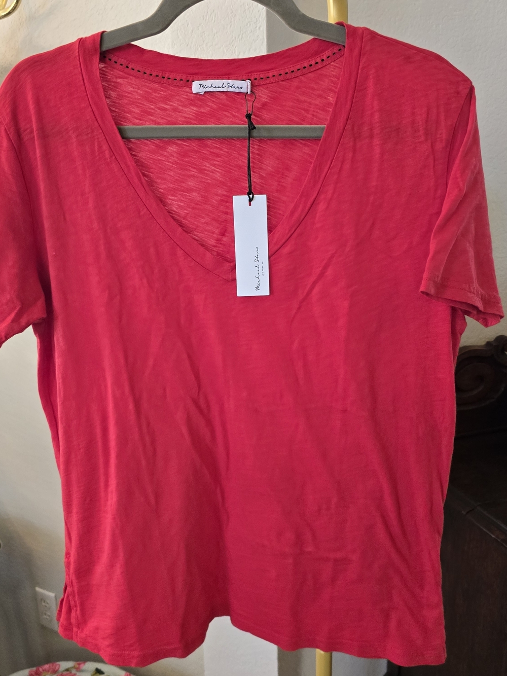 Michael Stars Short Sleeve V-Neck Tee Salsa Red OS Fits Medium/large